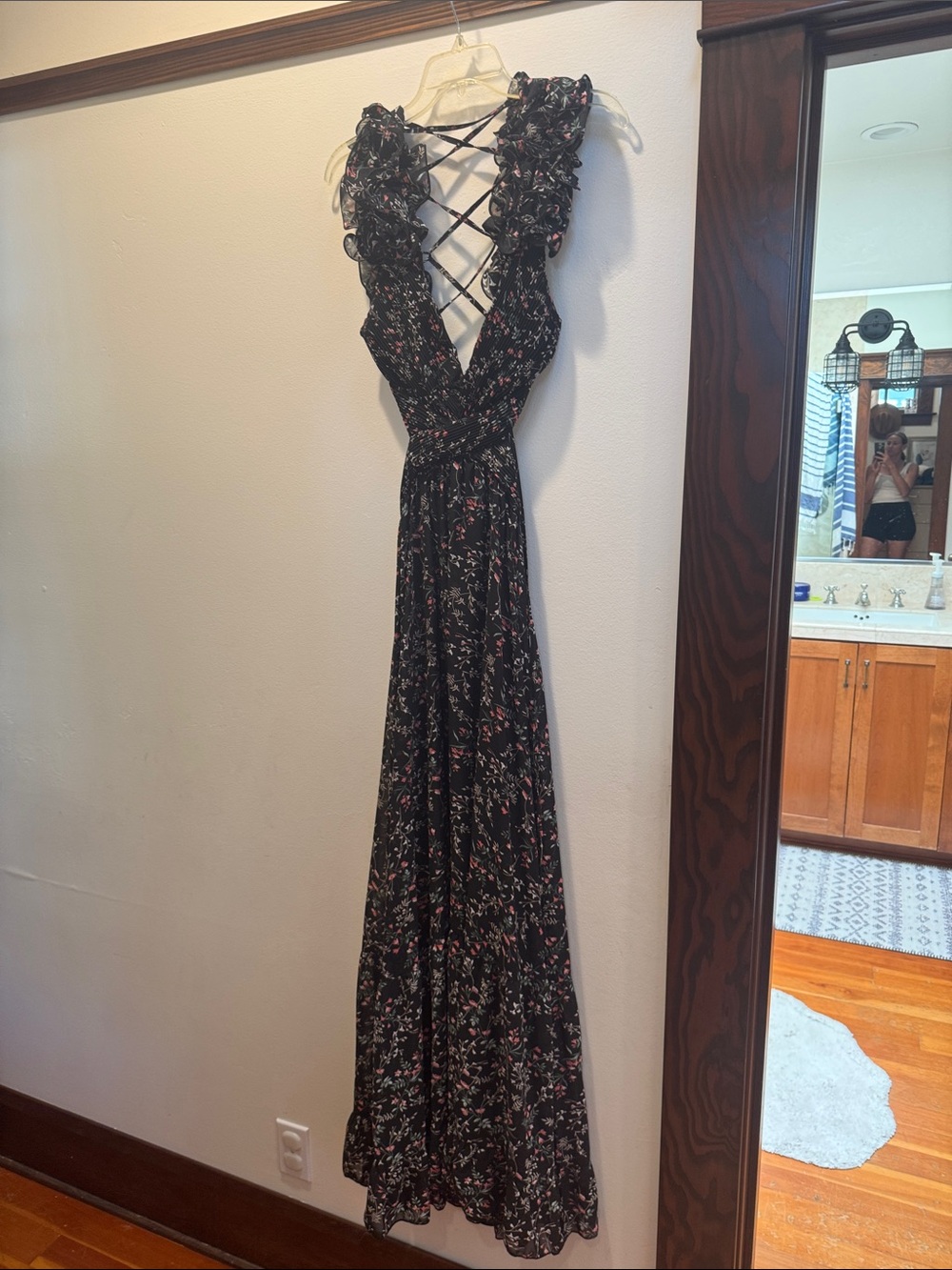 Fate Black Floral Maxi Dress with Lace-Up Back